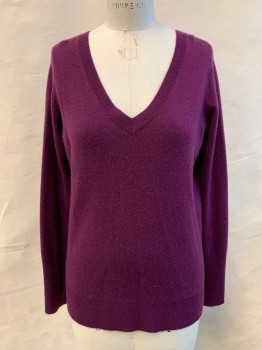 Womens, Pullover, HALOGEN, Orchid Purple, Cashmere, Solid, M, Ribbed Knit V-neck, Long Sleeves, Ribbed Knit Waistband/Cuff