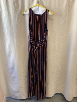 Womens, Jumpsuit, TRACY REESE, Navy Blue, Red Burgundy, Mustard Yellow, Polyester, Viscose, Stripes - Vertical , S, Scoop Neckline, Pleated at Neckline, Gathered at Waist, Belted, Zip Back, Keyhole Back, 2 Side Pockets