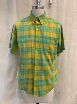 TRADITIONAL IVY, Green, Yellow, Red, Polyester, Cotton, Plaid, Button Front, Collar Attached, Button Down Collar,Short Sleeves, Left Chest Pocket