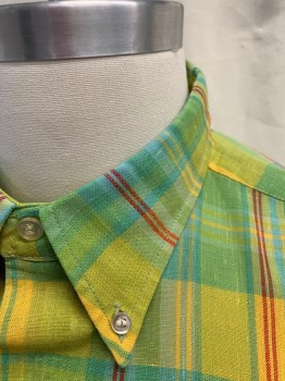 TRADITIONAL IVY, Green, Yellow, Red, Polyester, Cotton, Plaid, Button Front, Collar Attached, Button Down Collar,Short Sleeves, Left Chest Pocket