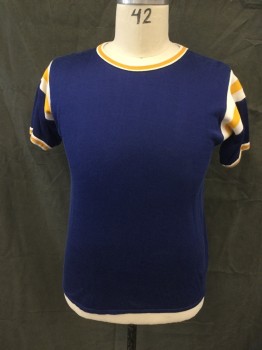 Mens, T-shirt, N/L, Dk Blue, Yellow, White, Polyester, Solid, Stripes, L, Solid Dark Blue Body, Yellow/White Stripe Crew Neck/Cuff/Sleeve Panel, Ribbed Knit Crew Neck/Cuff