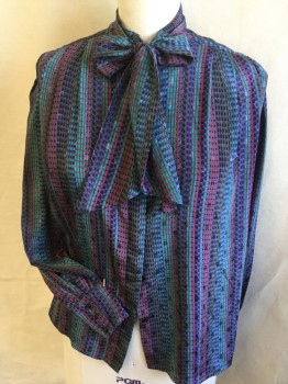 NICOLA, Multi-color, Hot Pink, Gray, Teal Blue, Polyester, Stripes - Vertical , Geometric, L/S, Button Front, Collar Attached, with Self Neck Tie Attached, 4 Large Pleats at Shoulder