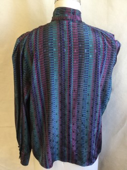 NICOLA, Multi-color, Hot Pink, Gray, Teal Blue, Polyester, Stripes - Vertical , Geometric, L/S, Button Front, Collar Attached, with Self Neck Tie Attached, 4 Large Pleats at Shoulder