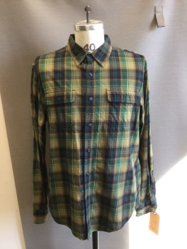LL BEAN, Green, Brown, Navy Blue, Khaki Brown, Cotton, Plaid, Long Sleeves, Button Front, Collar Attached, 2 Pockets,