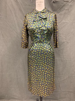 Womens, Cocktail Dress, BEE YOUNG, Green, Blue, Black, Mustard Yellow, Silk, Abstract , W 27, B 36, Leaf-like Abstract Pattern, Ruffle Center Front, Peter Pan Collar, 3/4 Sleeve, Zip Back, Pleated Skirt, Hem Below Knee, Sleeves Pleated at Back Elbow,