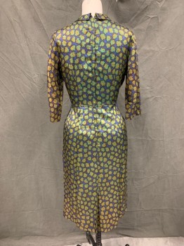 Womens, Cocktail Dress, BEE YOUNG, Green, Blue, Black, Mustard Yellow, Silk, Abstract , W 27, B 36, Leaf-like Abstract Pattern, Ruffle Center Front, Peter Pan Collar, 3/4 Sleeve, Zip Back, Pleated Skirt, Hem Below Knee, Sleeves Pleated at Back Elbow,