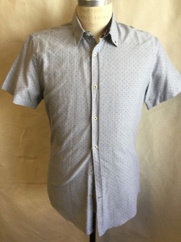 ZARA, Steel Blue, Heather Gray, Black, Cotton, Heathered, Dots, Black with Orange Inside Collar Attached, Button Down, Button Front, Short Sleeves, Curved Hem