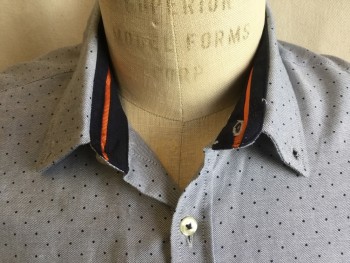 ZARA, Steel Blue, Heather Gray, Black, Cotton, Heathered, Dots, Black with Orange Inside Collar Attached, Button Down, Button Front, Short Sleeves, Curved Hem