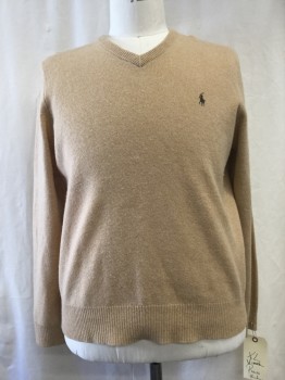 Mens, Pullover Sweater, POLO RL, Beige, Wool, Solid, XL, V-neck,