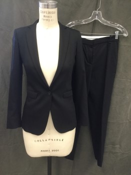 Womens, Suit, Jacket, MASSIMO DUTTI, Black, Wool, Solid, 4, Twill, Single Breasted, Collar Attached, Notched Lapel, 2 Pockets, 1 Button