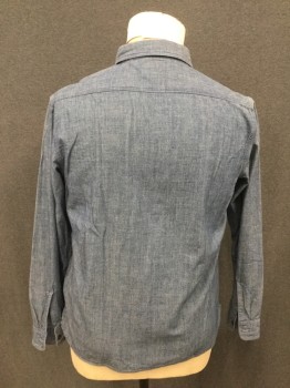 RR RALPH LAUREN, Denim Blue, Cotton, Solid, Chambray, Button Front, Collar Attached, Long Sleeves, 2 Pockets