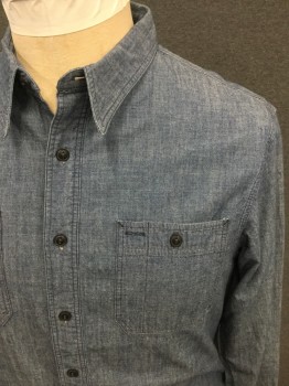 RR RALPH LAUREN, Denim Blue, Cotton, Solid, Chambray, Button Front, Collar Attached, Long Sleeves, 2 Pockets