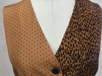 THE LIMITED, Camel Brown, Brown, Black, Silk, V-neck, Single Breasted, 4 Button Front, 1 Side-Camel with Black Polka Dots, and 1 Side-black/brown Leopard Print, 2 Pockets, Solid Brown Lining and Backing with Short Belt Tie Center Bottom