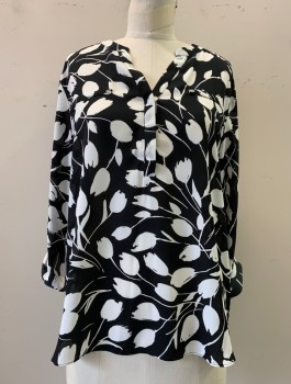 Womens, Top, SIMPLY STYLED, Black, White, Polyester, Floral, Petite, L, Tulip Print, Button Placket, V-neck, Long Sleeves, 2 Faux Pockets with Silver Stud Detail