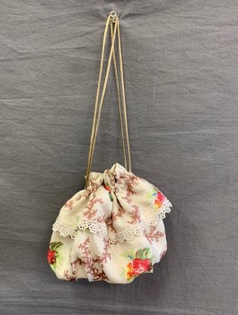MTO, Cream, Brown, Pink, Blue, Green, Silk, Polyester, Floral, Reproduction Reticule, Drawstring, Ruffle with Lace Trim