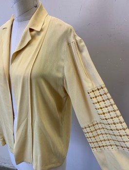 Womens, 1930s Vintage, Piece 2, N/L, Butter Yellow, Silk, Solid, B:36, Matching Jacket, Crepe, Wide 3/4 Sleeves, Notch Lapel, Panel with Cutout Diamonds on Sleeve, Open Center Front with No Closures, **Faint Stains on Shoulders