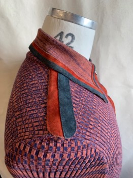 NO LABEL, Navy Blue, Rust Orange, Cotton, Suede, Heathered, Zip Front, Collar Attached, Rust & Navy Suede Trim, 1 Pocket with Snap Closure, Short Sleeves, Ribbed Knit,