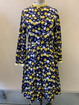 Star Of Siam, Navy Blue, Yellow, White, Cotton, Floral, L/S, Collar Band, Button Front, Side Pockets