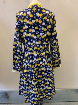 Womens, Dress, Star Of Siam, Navy Blue, Yellow, White, Cotton, Floral, W28, B36, L/S, Collar Band, Button Front, Side Pockets