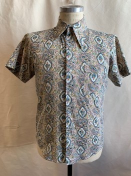 Mens, Shirt, LE MANS, Gray, White, Pink, Yellow, Teal Green, Cotton, Floral, Medallion Pattern, (15), M, Button Front, Collar Attached, 1 Pocket, Short Sleeves