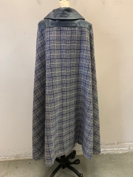Womens, Cape/Poncho, NL , Navy Blue, Off White, Wool, Glen Plaid, OS, Collar Attached, Navy Leather Collar & Yoke, 2 Pockets
