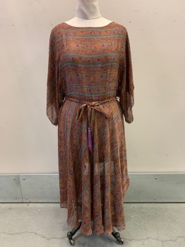 Womens, Dress, The Kollection, Brown, Red, Orange, Purple, Blue, Polyester, Stripes, Floral, L, S/S, Wide Neck, Elastic Waist Band, with Matching Waist Belt,