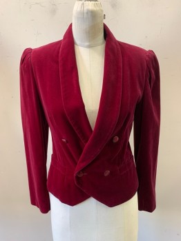 Womens, Blazer, CHAUS, Red Burgundy, Cotton, Rayon, Solid, B34, Velvet, Double Breasted, 4 Buttons, 2 Pockets, Shawl Collar, Plastic Buttons