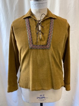 NL, Tan Brown, Cotton, Aged, Distressed, Corduroy, Pullover, Collar Attached, Lace Up, Multi Color Embroidered Trim on Front, Long Sleeves *Hole on Collar