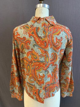 NL, Gray, Dk Gray, Turmeric Yellow, Dk Orange, Poly/Cotton, Paisley/Swirls, Floral, Mock Neck, Neck Tie Attached, Button Back, Long Sleeves