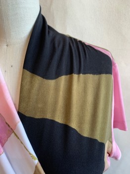 Womens, Top, DKNY, Lt Pink, Olive Green, Black, White, Polyester, Spandex, Abstract , L, V-N, S/S, Gathered Left Bust,