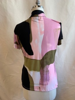 Womens, Top, DKNY, Lt Pink, Olive Green, Black, White, Polyester, Spandex, Abstract , L, V-N, S/S, Gathered Left Bust,