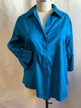 Womens, Blouse, FOXCROFT, Teal Blue, Cotton, Lycra, Solid, 18, Button Front, Collar Attached, 3/4 Sleeve, Slit Cuff