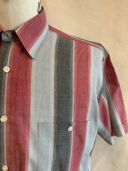 PIERRE CARDIN, Lt Gray, Gray, Faded Red, White, Poly/Cotton, Solid, C.A., Button Front, S/S, 2 Pockets with 1 Button
