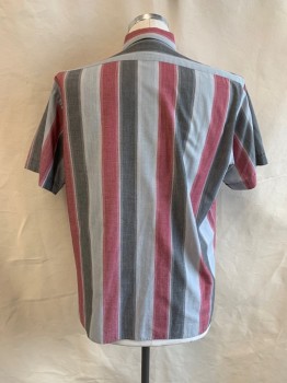 Mens, Shirt, PIERRE CARDIN, Lt Gray, Gray, Faded Red, White, Poly/Cotton, Solid, L, C.A., Button Front, S/S, 2 Pockets with 1 Button