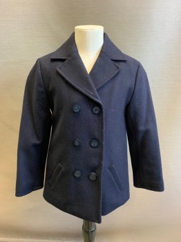 Childrens, Coat, BROOKS BROTHERS, Navy Blue, Wool, Rayon, S, Car Coat, Notched Lapel, Double Breasted, Button Front
