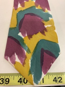 Mens, Tie, ARF ART, Goldenrod Yellow, Teal Green, Mauve Purple, Cream, Silk, Abstract , O/S, Four in Hand