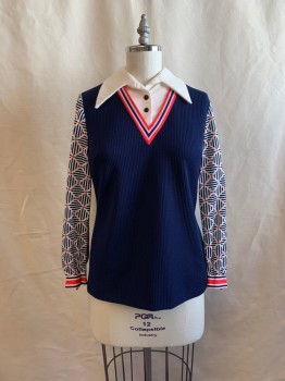 Womens, Top, THE KOLLECTION, Navy Blue, White, Red-Orange, Polyester, Solid, Geometric, B38, White Dickie with Collar Attached, 2 Buttons at Neck, Long Sleeves, V-neck, Zip Back, Red, Navy, and White Stripe at V-neck and Cuffs, Button Cuffs, Navy Stripe Diamonds, Small Red Diamonds on Sleeves *Purple Stains on V-neck*