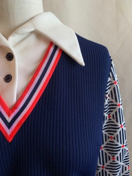Womens, Top, THE KOLLECTION, Navy Blue, White, Red-Orange, Polyester, Solid, Geometric, B38, White Dickie with Collar Attached, 2 Buttons at Neck, Long Sleeves, V-neck, Zip Back, Red, Navy, and White Stripe at V-neck and Cuffs, Button Cuffs, Navy Stripe Diamonds, Small Red Diamonds on Sleeves *Purple Stains on V-neck*