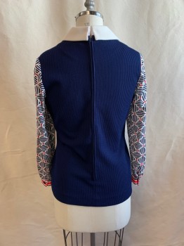 THE KOLLECTION, Navy Blue, White, Red-Orange, Polyester, Solid, Geometric, White Dickie with Collar Attached, 2 Buttons at Neck, Long Sleeves, V-neck, Zip Back, Red, Navy, and White Stripe at V-neck and Cuffs, Button Cuffs, Navy Stripe Diamonds, Small Red Diamonds on Sleeves *Purple Stains on V-neck*