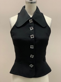 Womens, Evening Tops, ANNIE REVA, Black, Acetate, Viscose, Solid, B30, XS, W24, Vest Top, Sleeveless, Collar Attached, Button Front,