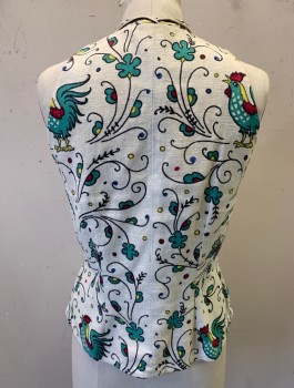 Womens, 1950s Vintage, Top, N/L, Cream, Kelly Green, Red, Black, Yellow, Cotton, Novelty Pattern, B:34, Top:  Barkcloth, Illustrated Roosters, Butterflies and Swirled Flowers Pattern, Camp Collar, Sleeveless with Slanted Shoulder Line, Button Front Under Hidden Placket