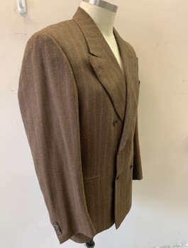 Mens, 1940s Vintage, Suit, Jacket, SERJ MTO, Brown, Wool, Tweed, Stripes - Vertical , 44L, Made To Order, Double Breasted, Peaked Lapel, 3 Pockets, Brown Lining