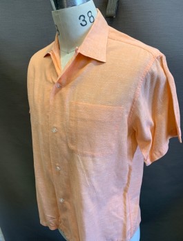 TOPSALL, Peach Orange, Cotton, Speckled, 1950's, Slubbed Texture, S/S, Button Front, C.A., 1 Patch Pocket