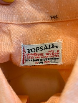 Mens, Casual Shirt, TOPSALL, Peach Orange, Cotton, Speckled, N:15, M, 1950's, Slubbed Texture, S/S, Button Front, C.A., 1 Patch Pocket