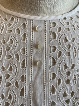 Womens, Top, NL, White, Cotton, Leaves/Vines , Floral, B34, S/S, Button Back, Clover and Floral Embroidery, 3 Small Pearl Buttons, Sheer