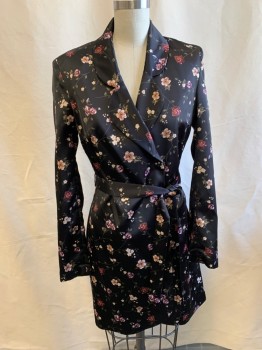 Womens, Casual Jacket, GUESS, Black, Multi-color, Polyester, Elastane, Floral, S, Satin, Double Breasted, Snap Front, Rounded Notched Lapel, with Self Belt