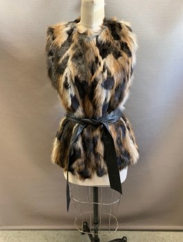 VIA SPIGA, Black, Lt Brown, Gray, Acrylic, Polyester, Faux Fur Open Front, with Black Pleather Belt