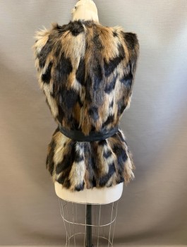 VIA SPIGA, Black, Lt Brown, Gray, Acrylic, Polyester, Faux Fur Open Front, with Black Pleather Belt