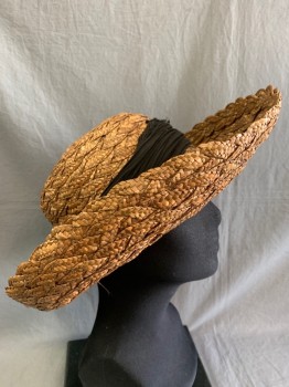 Womens, Straw Hat, HATS BY VINACCI, Brown, Straw, 7 1/8, Textured Weave, Faded Black Cotton Gauze Hat Band