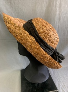 Womens, Straw Hat, HATS BY VINACCI, Brown, Straw, 7 1/8, Textured Weave, Faded Black Cotton Gauze Hat Band